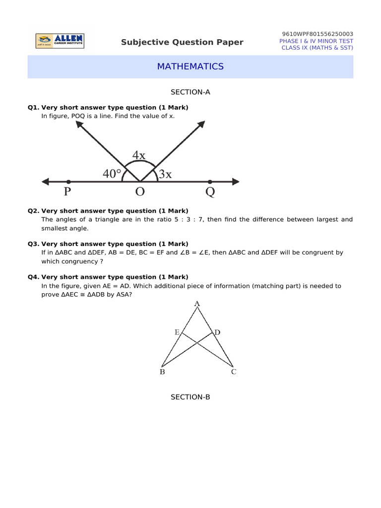 Class IX Maths & SST Minor Test Paper | PDF | Geometric Shapes ...