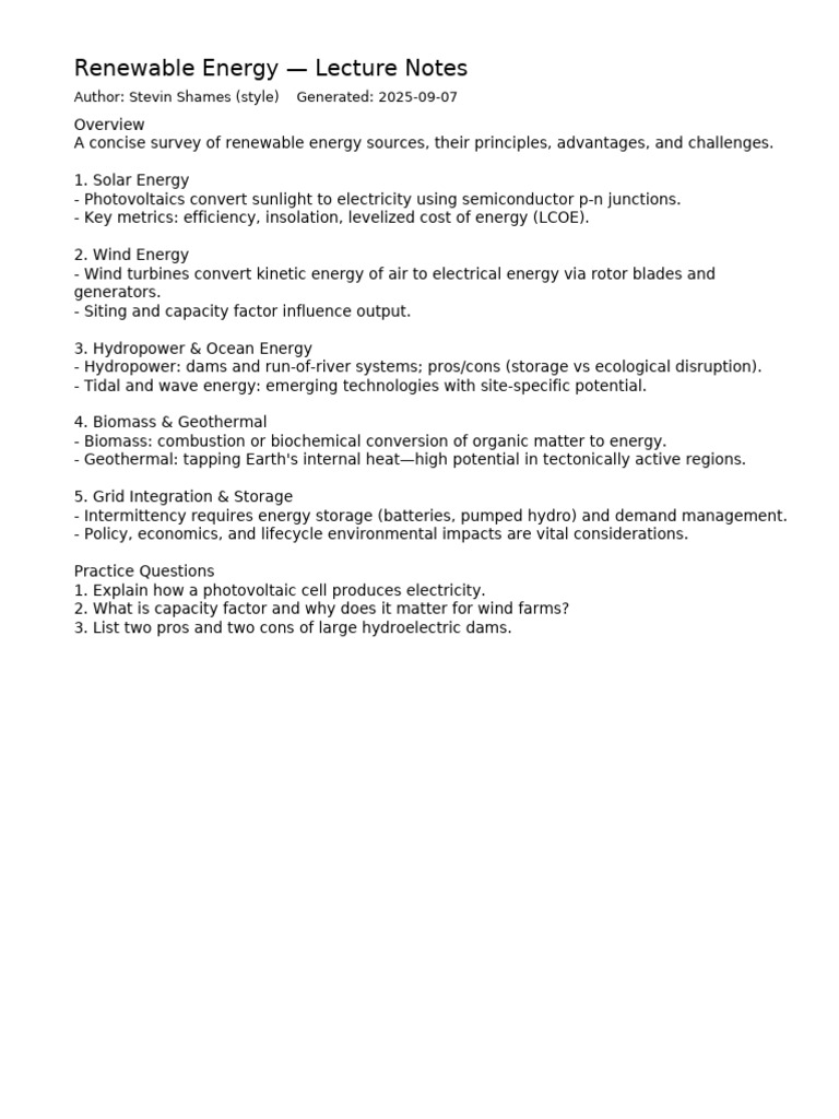 Renewable Energy Overview Notes | PDF