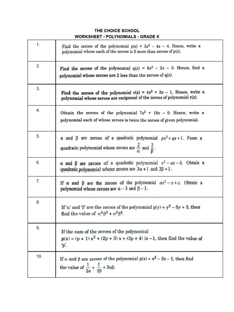 Grade 10 - Worksheet - Polynomials | PDF