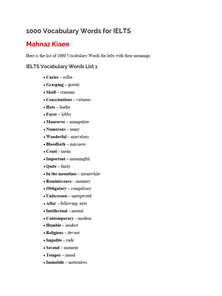 1000 Vocabulary Words For IELTS | PDF