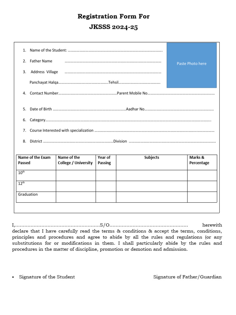JKSSS 2024-25 Admission Form Format | PDF