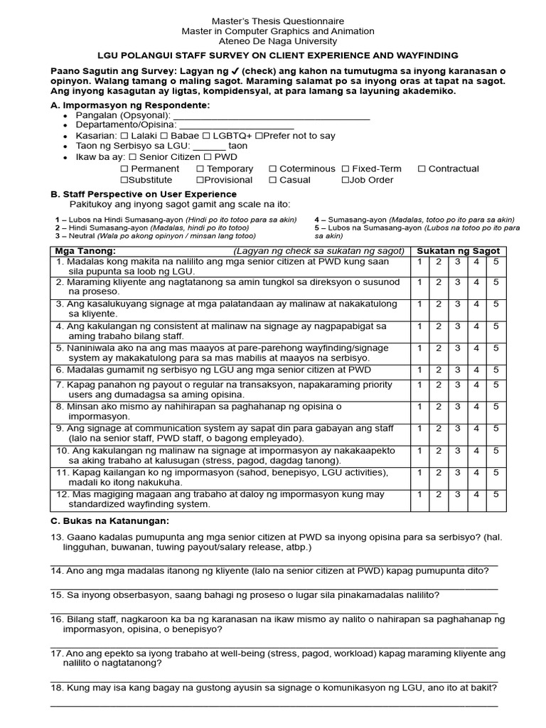 s4 Lgu Polangui Staff Survey On Client Experience and Wayfinding | PDF