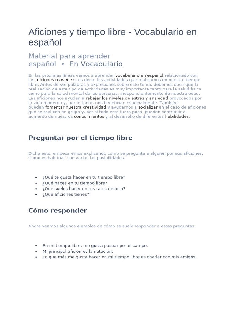 Aficiones y Tiempo Libre Teoria | PDF | Léxico