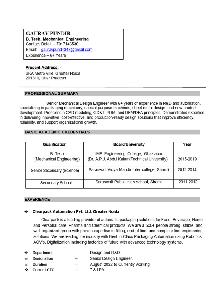 Senior Mechanical Engineer Profile | PDF | Automation | Engineering