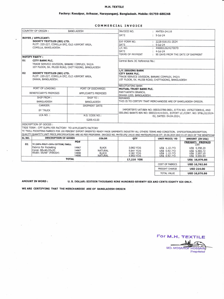 Invoice for Pocketing Fabrics Shipment | PDF
