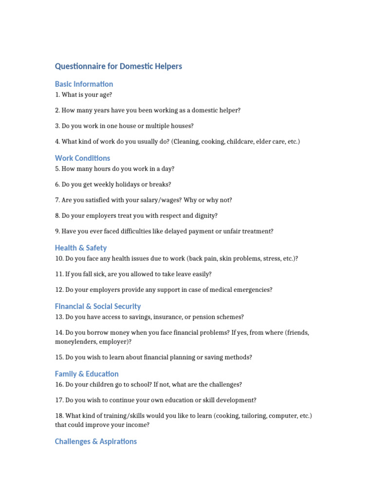 Domestic Helpers Questionnaire Guide | PDF