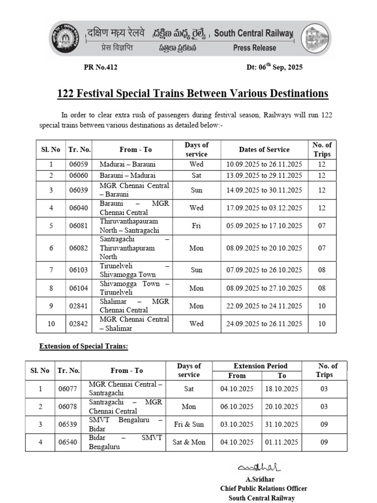 122 Festival Special Trains Schedule | PDF