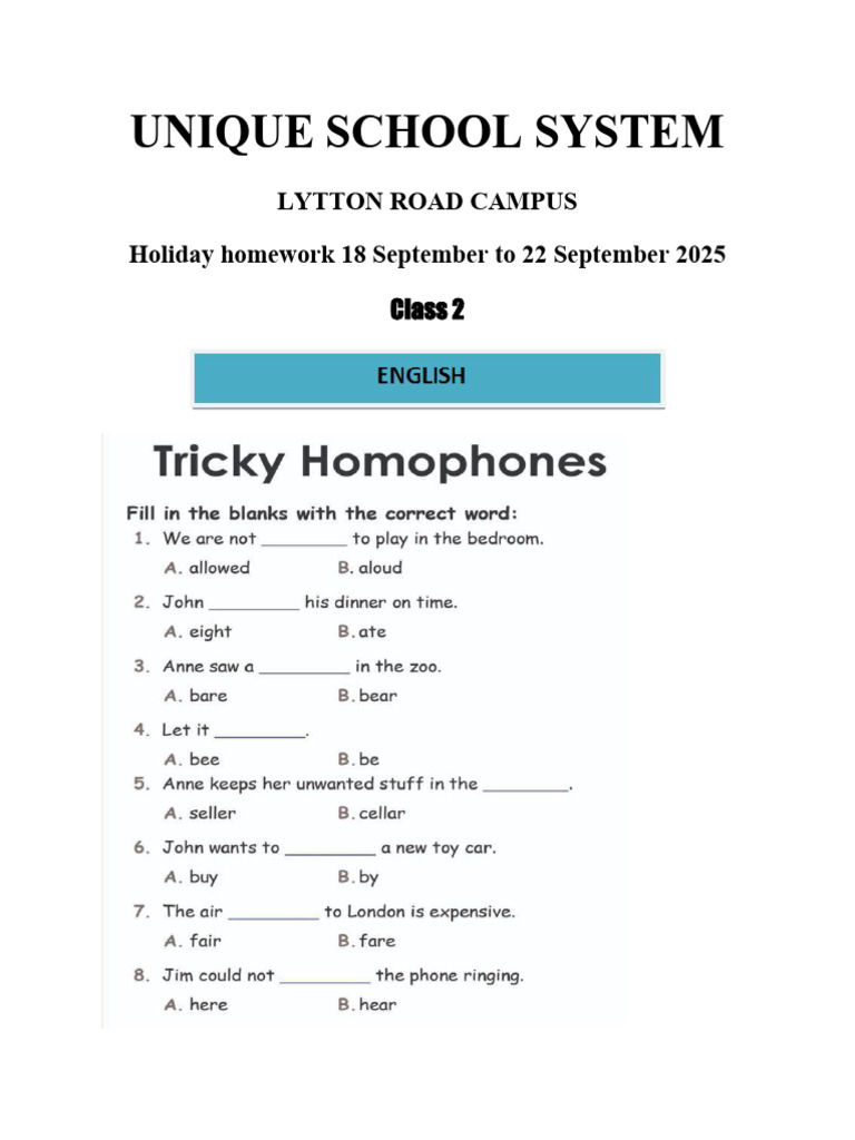 Class 2 Holiday Homework | PDF