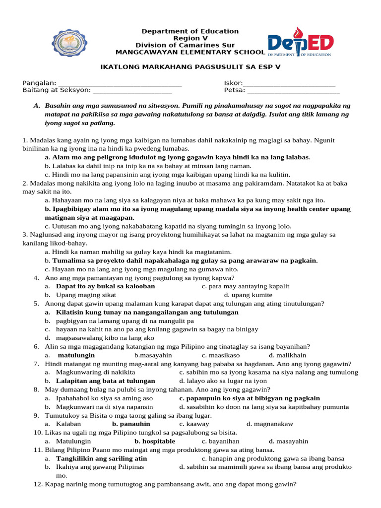 PT 3rd Quarter Esp V | PDF