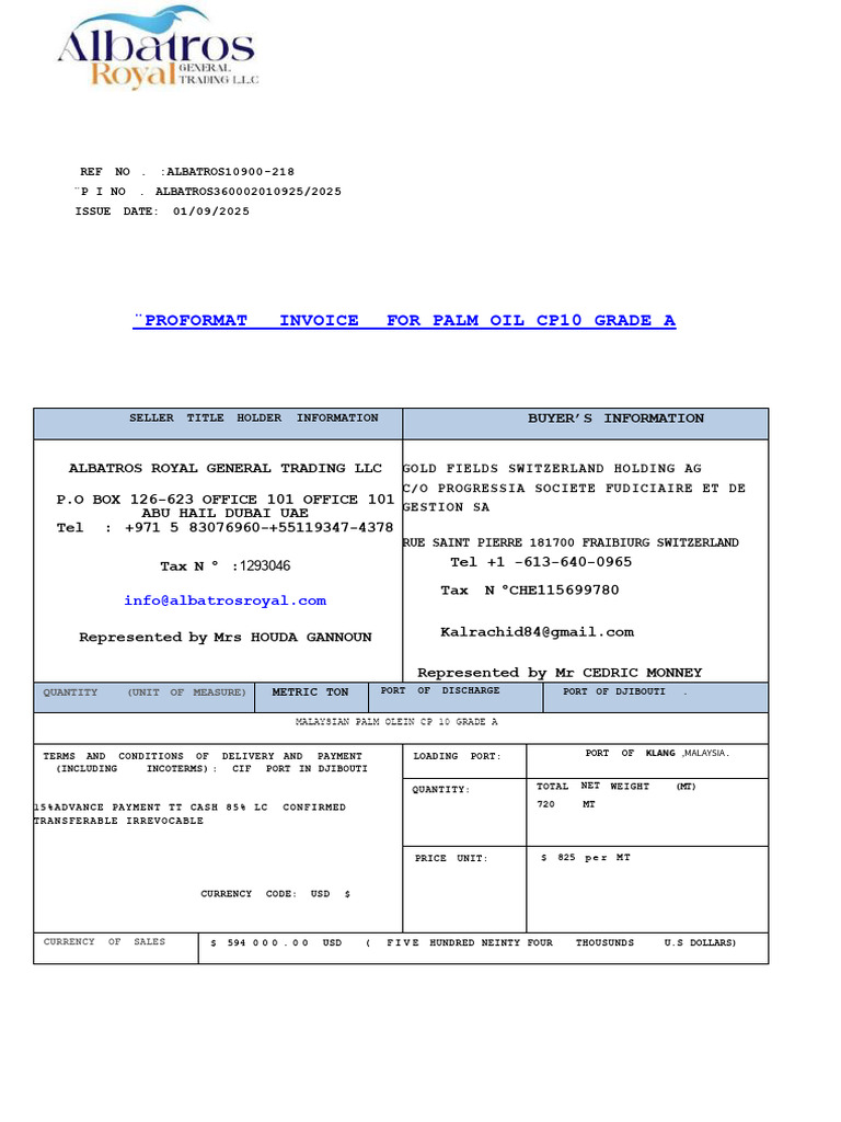 Proforma Invoice for Palm Oil CP10 | PDF | United Arab Emirates | Cargo