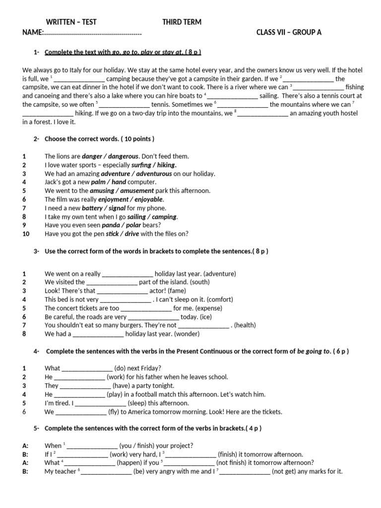 English Test for Class VII Students | PDF | Campsite