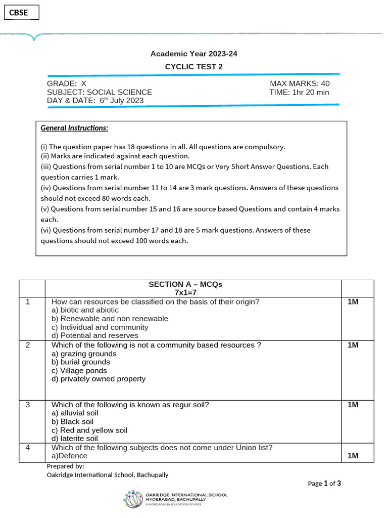 CBSE Class X Social Science Test 2023 | PDF | Government