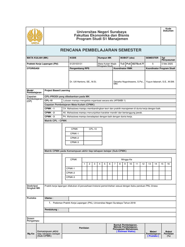 RPS OBE Praktek Kerja Lapangan (PKL) | PDF