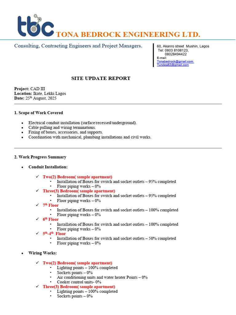 Site Update Report 22nd August, 2025 | PDF | Electrical Wiring | Wire