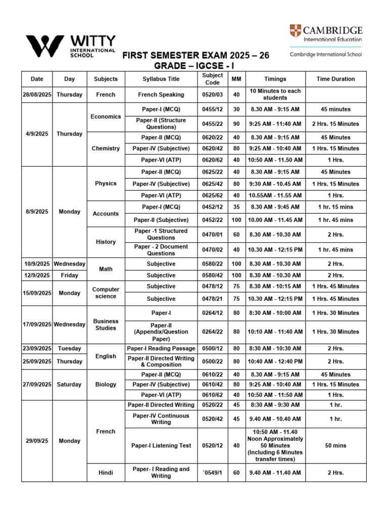 IGCSE First Semester Exam Schedule 2025 | PDF | Standardized Tests ...
