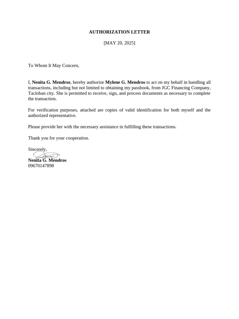 Authorization Letter for Transactions | PDF