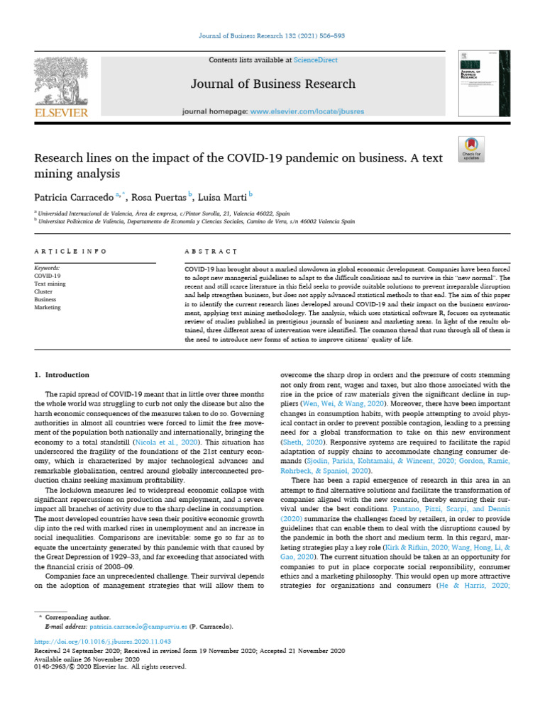 Research Lines On The Impact of The COVID 19 Pandemic - 2021 - Journal ...