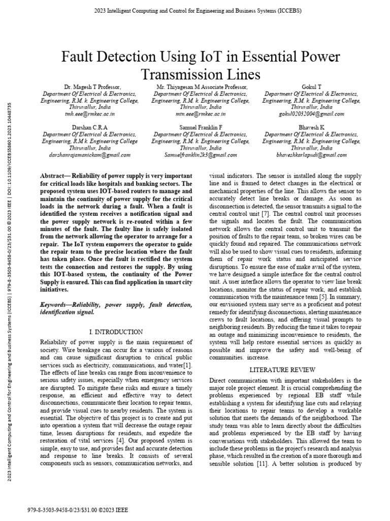 Fault Detection Using IoT in Essential Power Transmission Lines | PDF ...