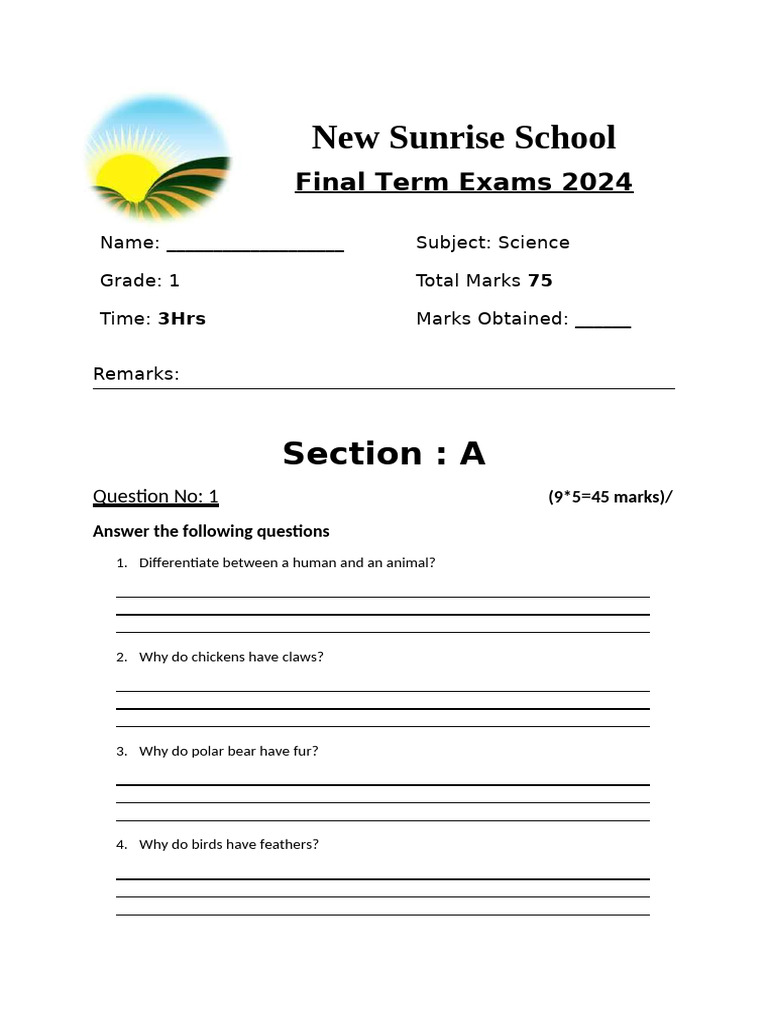 Grade 1 Science Exam Paper 2024 | PDF