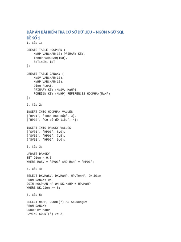 Dap An SQL 1 | PDF