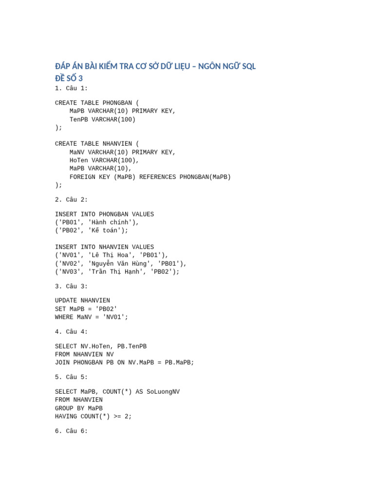 Dap An SQL 3 | PDF