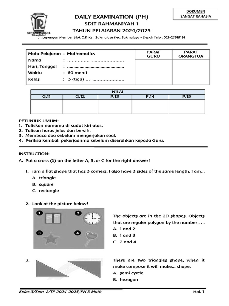 Soal PH 3 2324 Kelas 3 Math | PDF | Elementary Geometry | Euclidean ...
