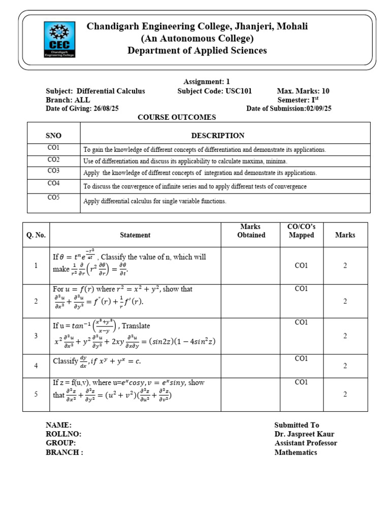 10 Assignment 1 USC-101 | PDF | Calculus | Differential Calculus