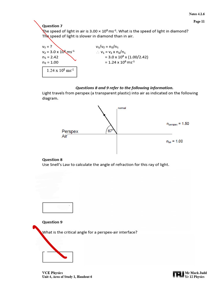 Refraction of Light: Calculations and Problems | PDF | Refraction ...