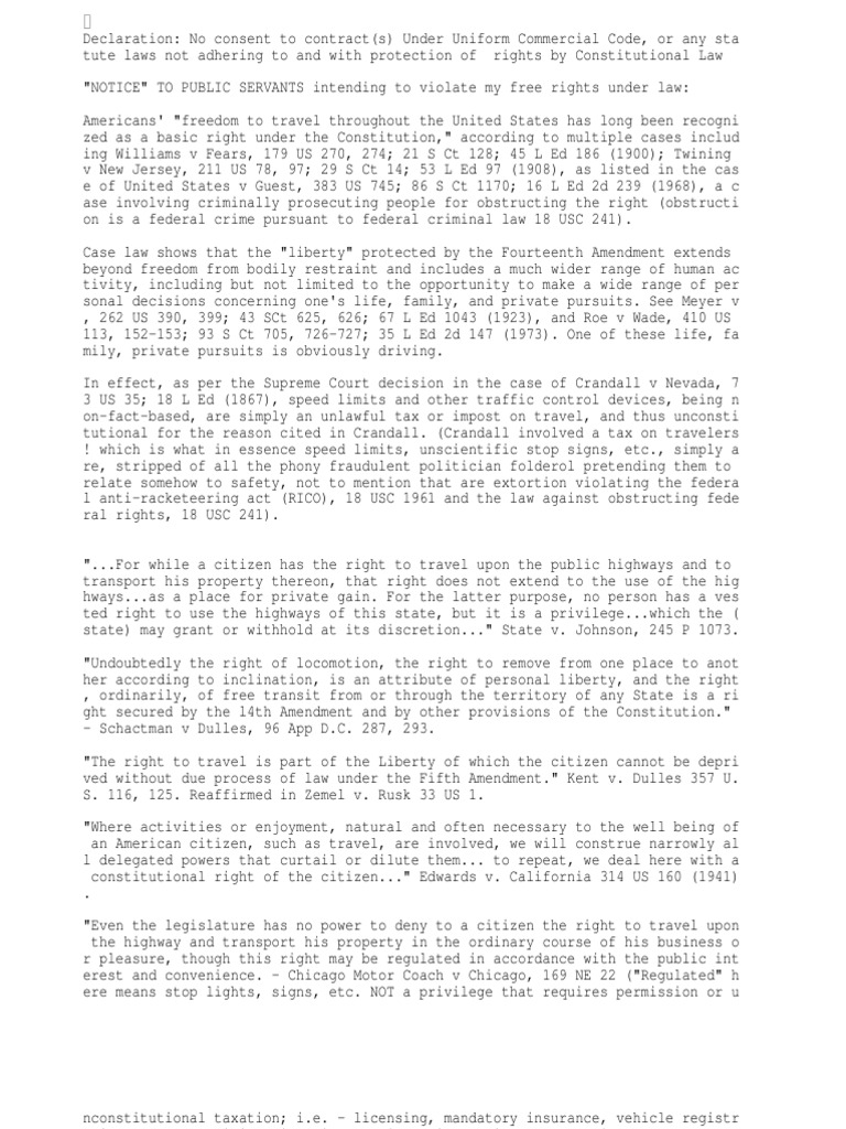 Notice Right to Travel United States Constitution Natural And