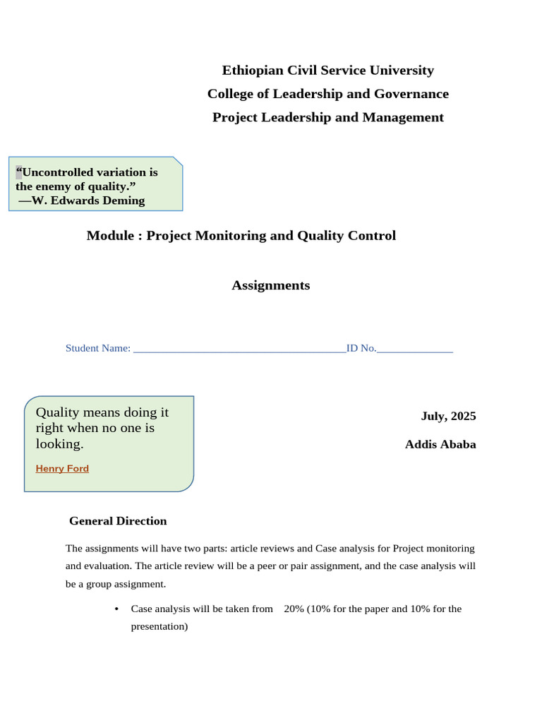 Project Monitoring and Quality Control Assignments | PDF | Evaluation ...