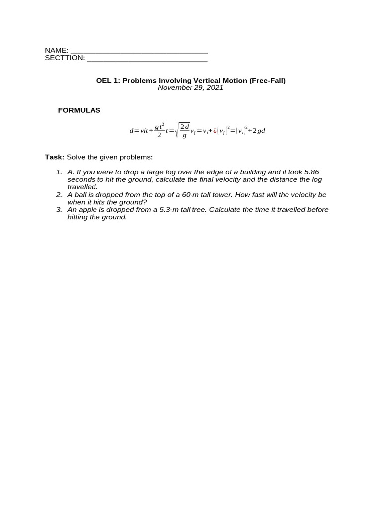 Oel 1 - Problems Involving Vertical Motion | PDF