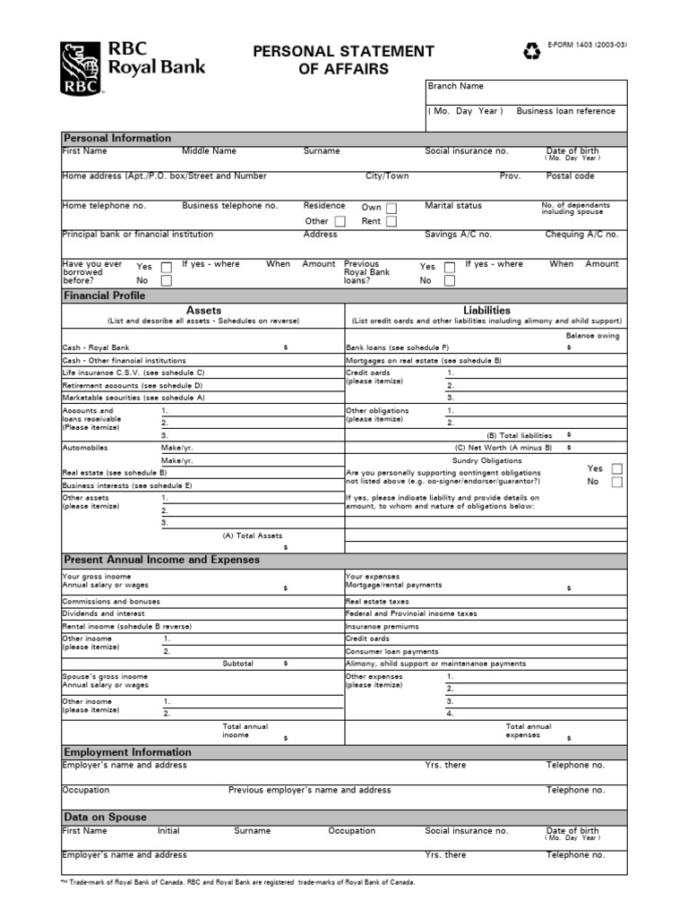 RBC Personal Statement of Affairs | PDF | Mortgages | Loans