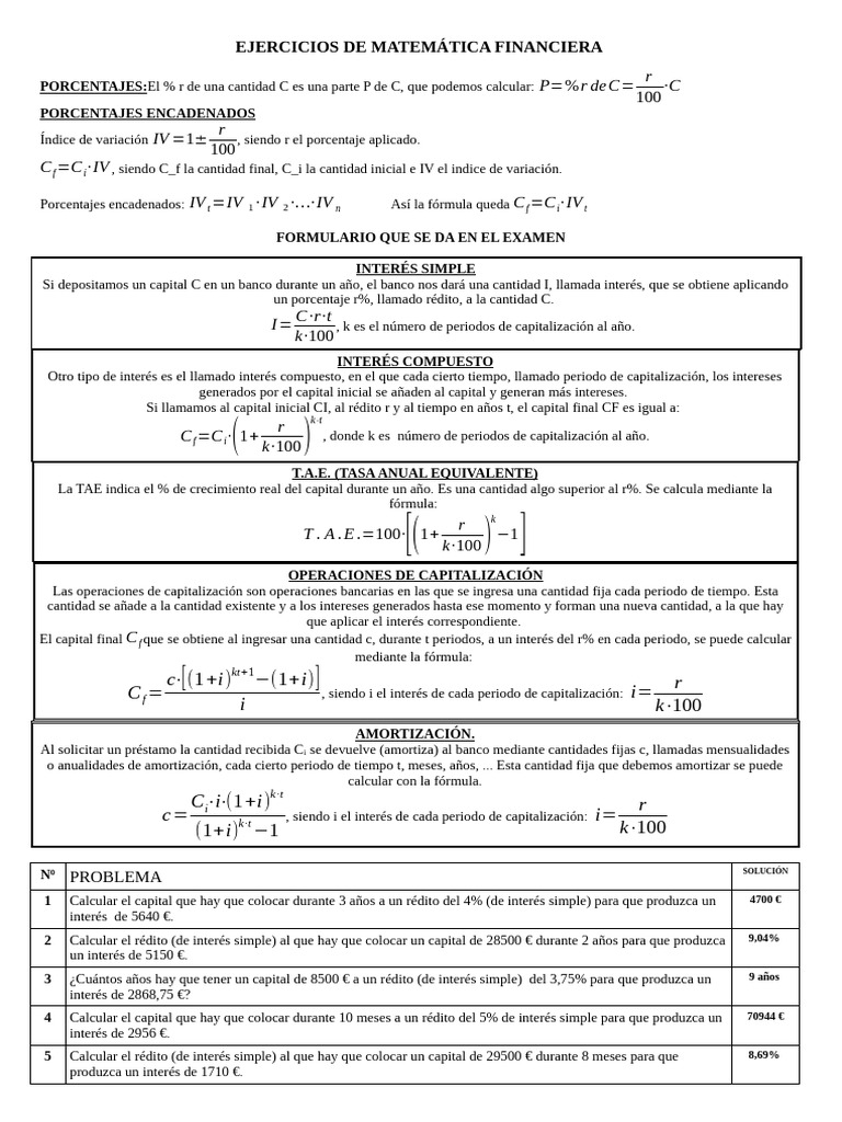 Relación de Ejercicios de Matemática Financiera | PDF | Interés ...