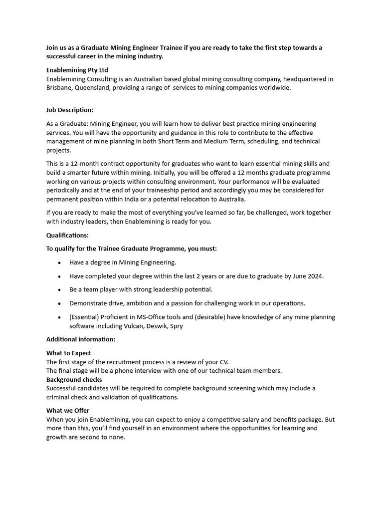 Graduate Mining Engineer Trainee Role | PDF | Business