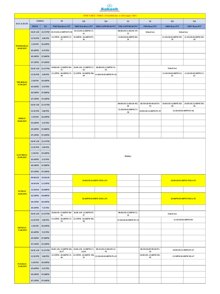 NERUL - ENG. - INT - TIME TABLE 06-08-2025 To 12-08-2025 | PDF