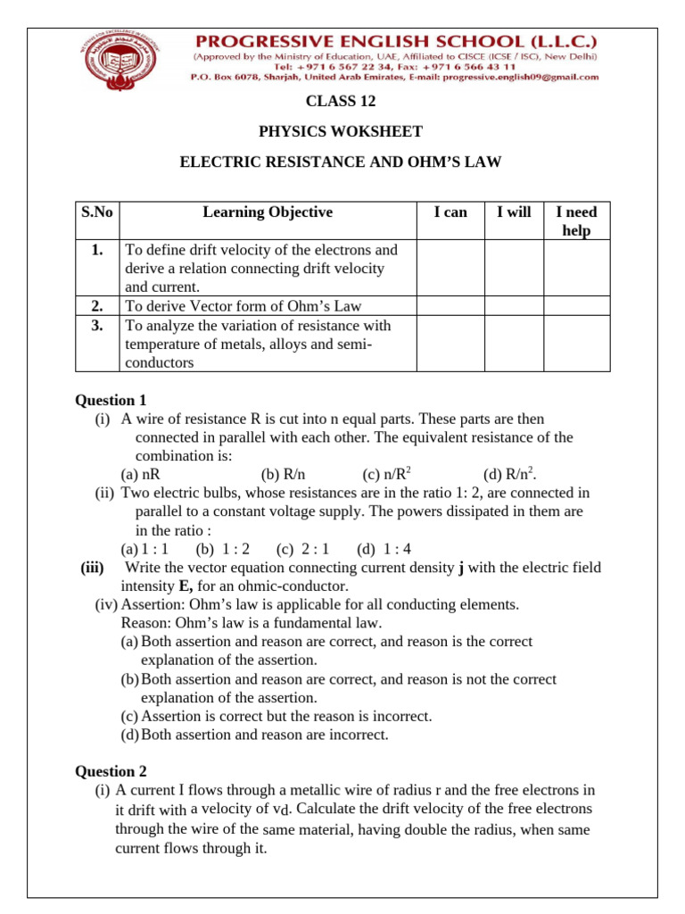 Electric Resistance & Ohm's Law Worksheet | PDF | Electric Current ...