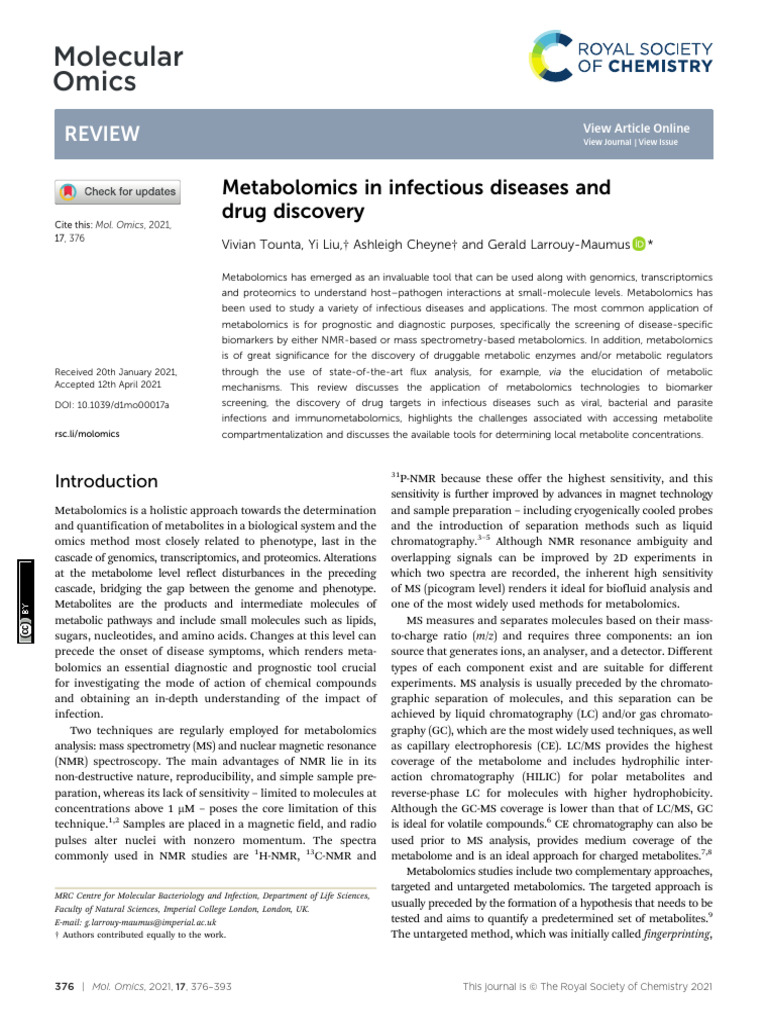 Metabolomics in Infectious Disease Research | PDF | Metabolomics ...