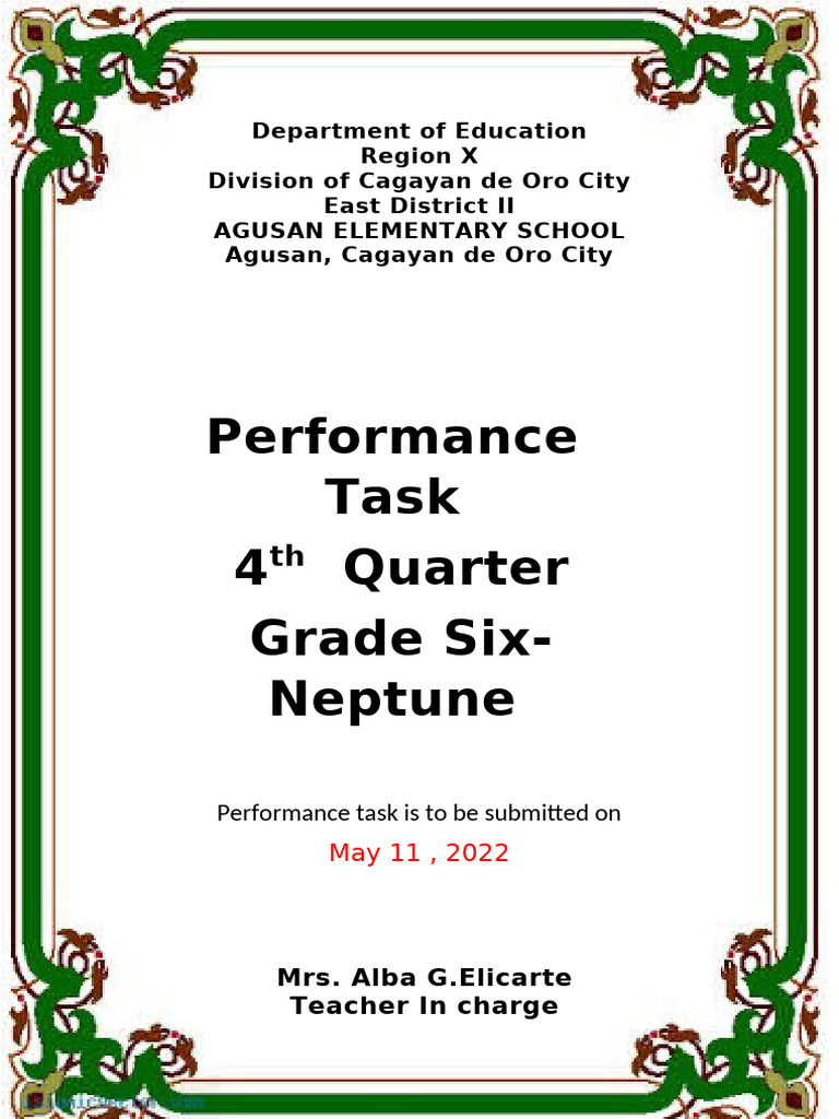 Grade Six Performance Task Cover Page | PDF