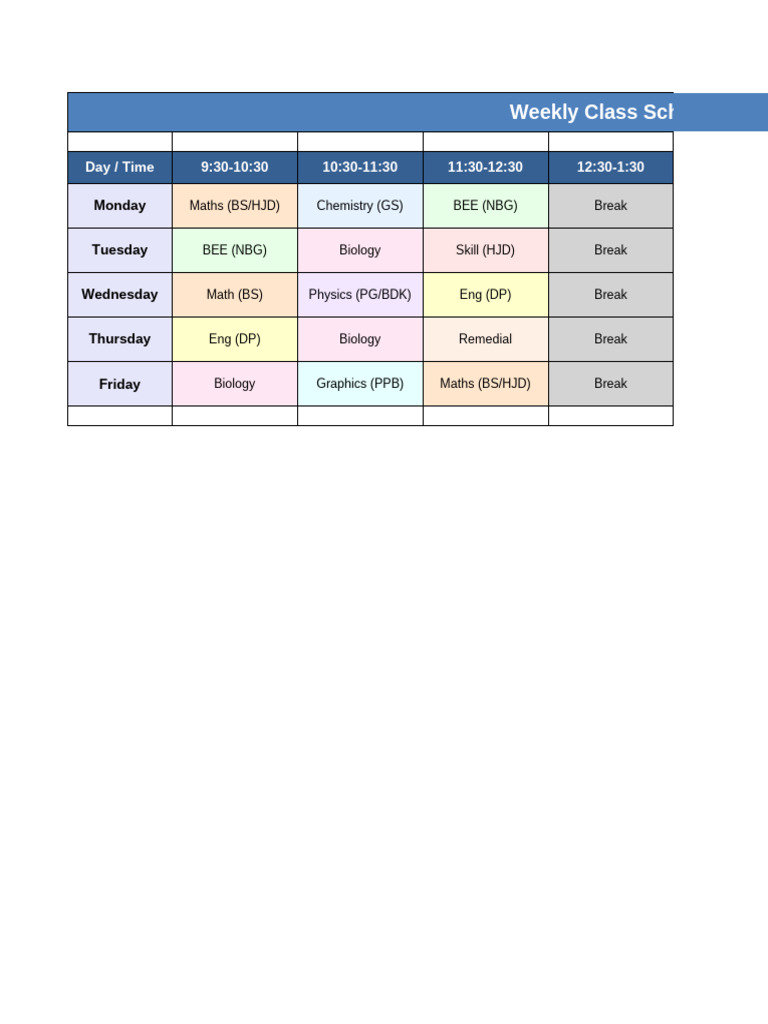 Weekly Class Schedule Overview | PDF