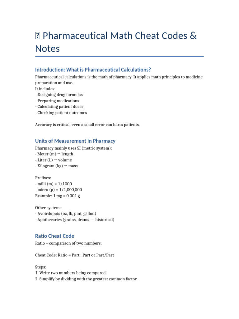 Pharmacy Math Formulas Cheat Sheet | PDF | Litre | Significant Figures