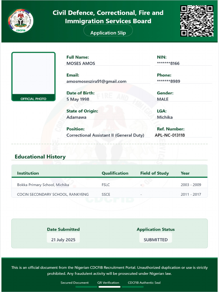 MOSES ZIRA AMOS Application Slip | PDF