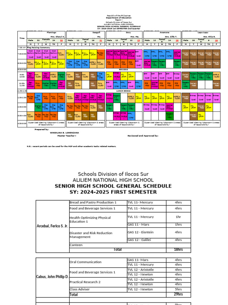 Aliliem National High School SHS Schedule | PDF | Science