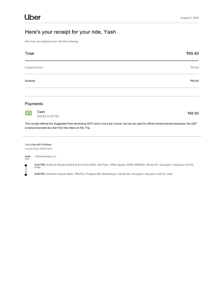 Uber Ride Receipt for August 2025 | PDF