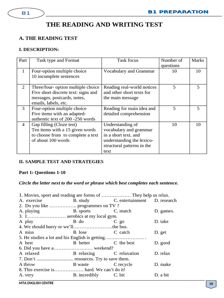 B1 Reading and Writing Test Guide PDF Multiple Choice Sentence
