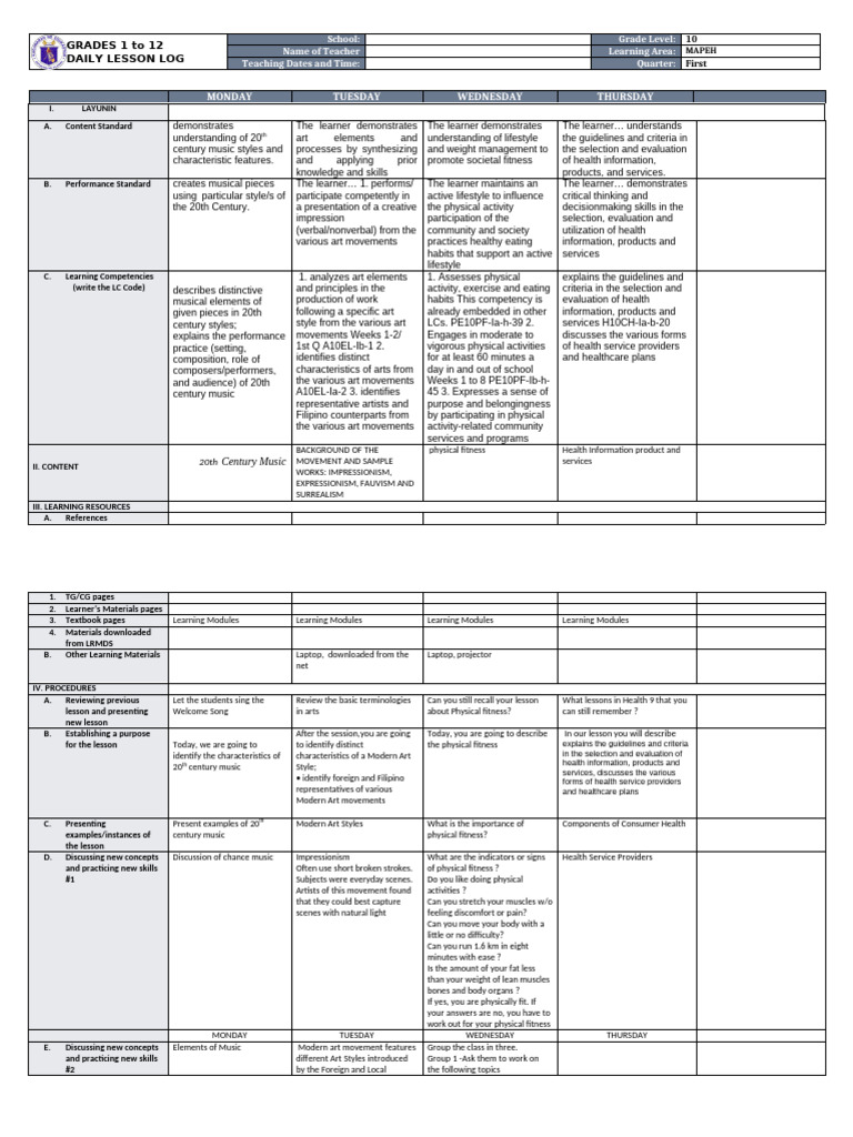 MAPEH Daily Lesson Log for Grade 10 | PDF | Learning | Human Communication