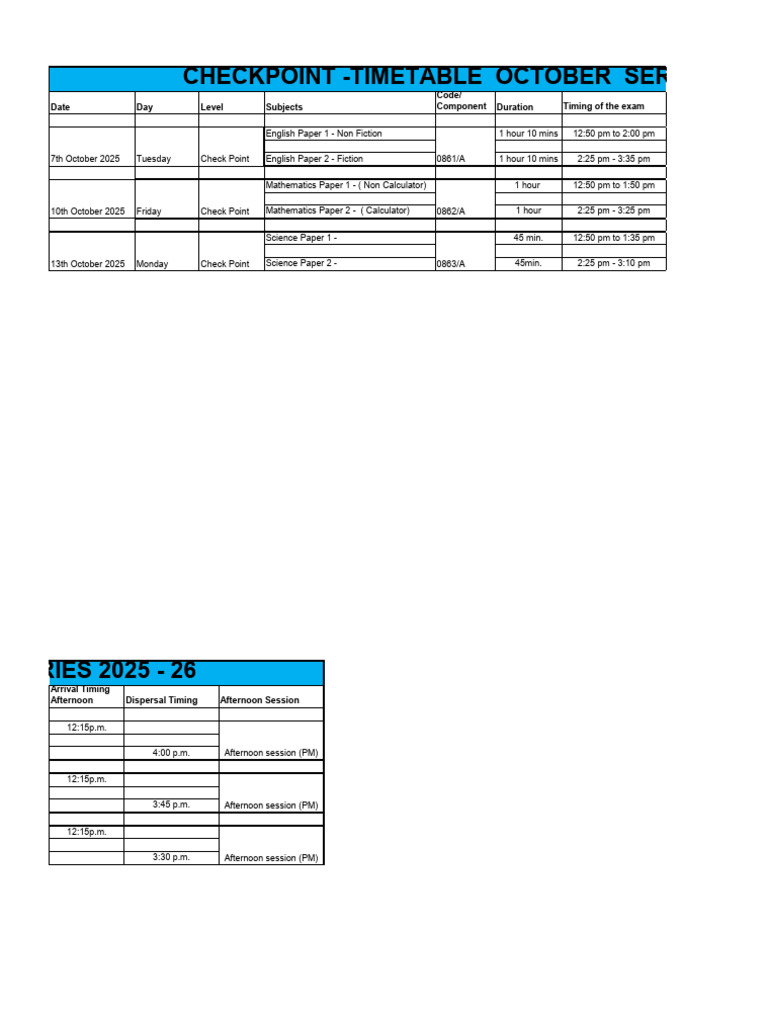 October 2025 Checkpoint Exam Timetable | PDF