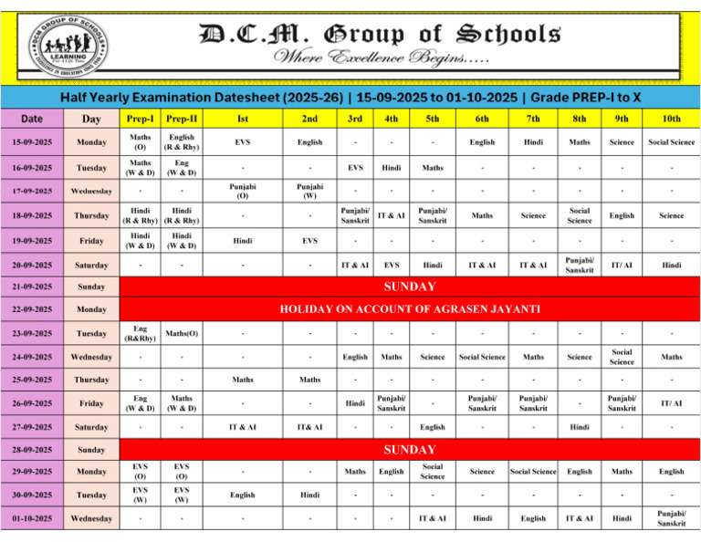 CBSE Half Yearly Exam Schedule 2025 | PDF