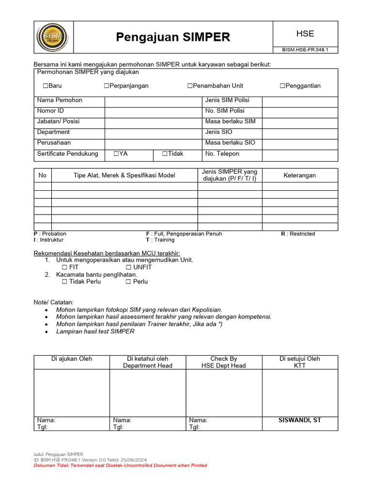 Permohonan SIMPER Karyawan | PDF