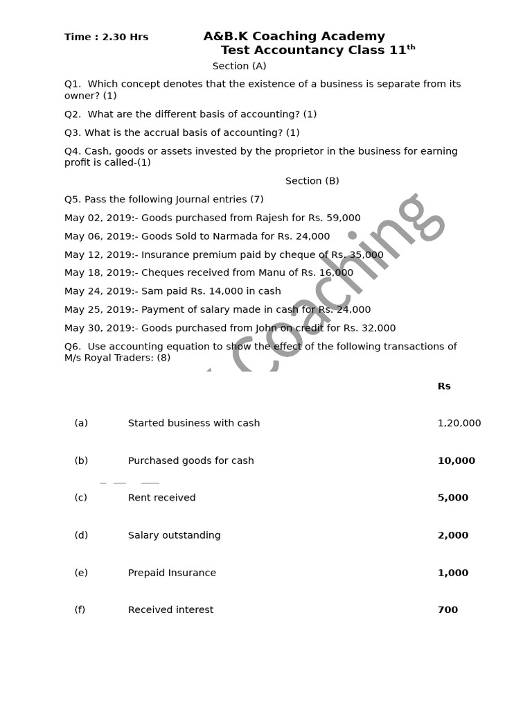 Class 11 Accountancy Test Questions | PDF | Expense | Cheque