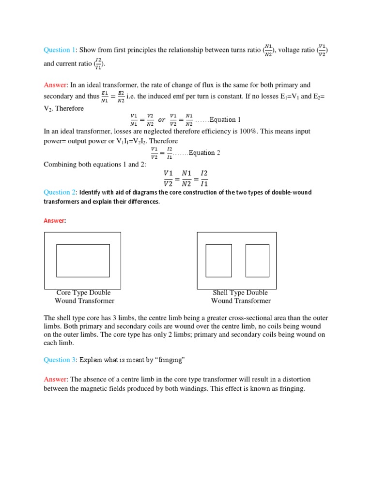Transformer Theory Questions and Answers PDF Transformer Inductor